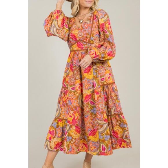 &Merci Dresses & Skirts - Brown Floral Midi Dress Boho Chic Style Peasant Tiered Midi Dress Womens Large